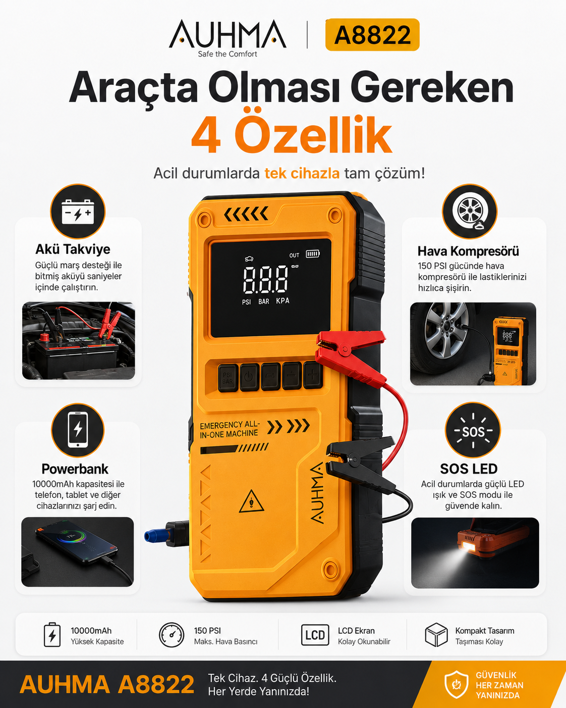 AUHMA A8822 aku takviye powerbank SOS LED ve hava kompresoru ozellikleri