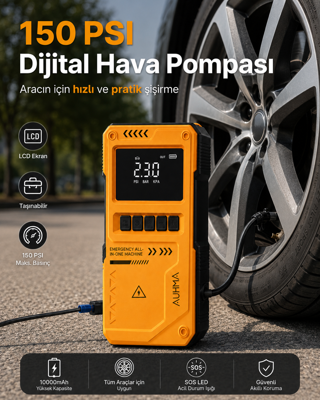 AUHMA A8822 150 PSI dijital hava pompasi kullanim gorseli